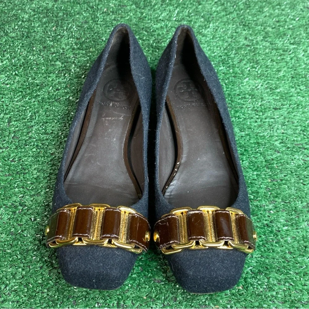 Tory Burch Black Flannel‎ “Martha” Flats Chain Link Womens Size 6 M